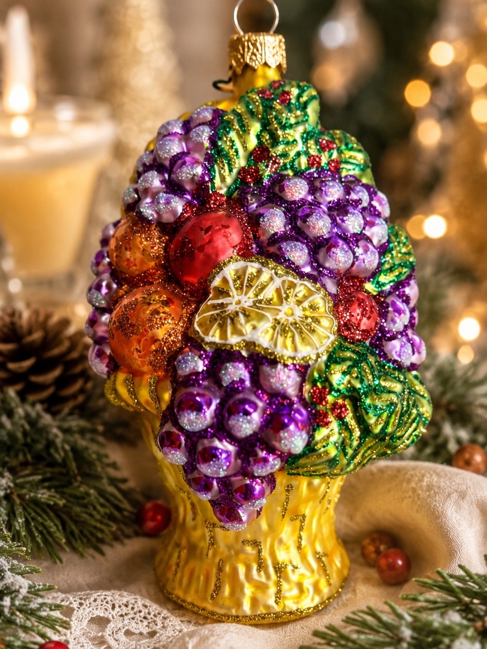 Vintage Larry Fraga Glitter Series Fruit Basket Glass Christmas Ornament
